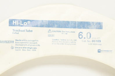 Mallinckrodt 86109 Hi-Lo Tracheal Tube Cuffed 6.0mm ID